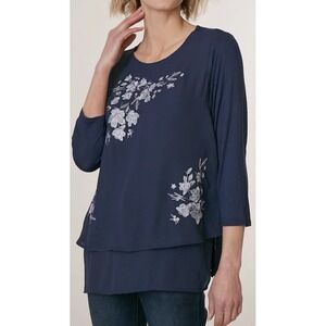 DG2 Diane Gilman Women's 3/4 Sleeve Embroidered Easy Layered Tunic Top Blue L